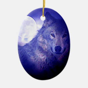 Wolf, Moon & Blue Night Ceramic Tree Decoration