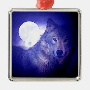 Wolf, Moon & Blue Night Metal Ornament