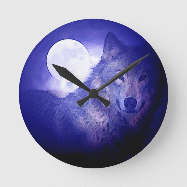 Wolf, Moon & Blue Night Round Clock (Front)