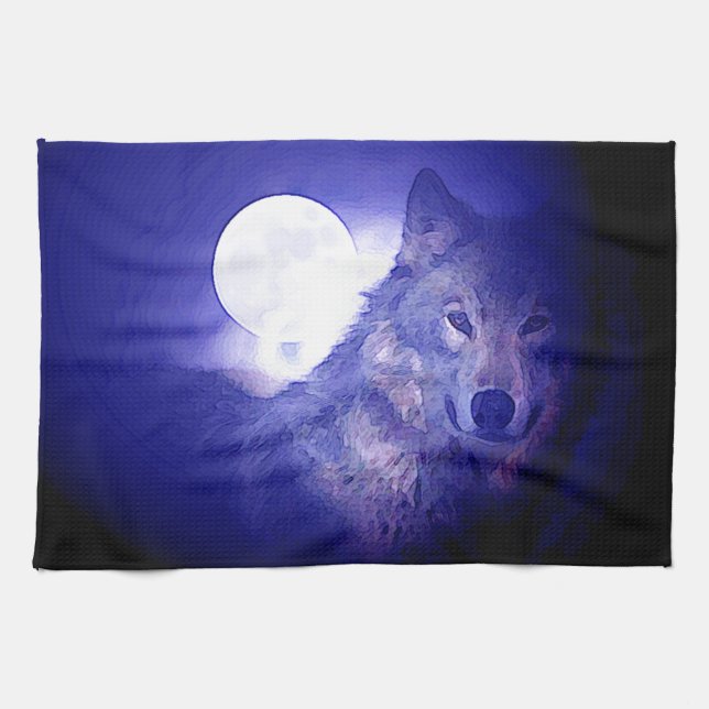 Wolf, Moon & Blue Night Tea Towel (Horizontal)