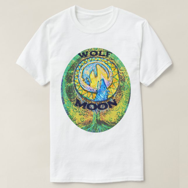 Wolf Moon colourful Tree of Life Yellow Green Blue T-Shirt (Design Front)