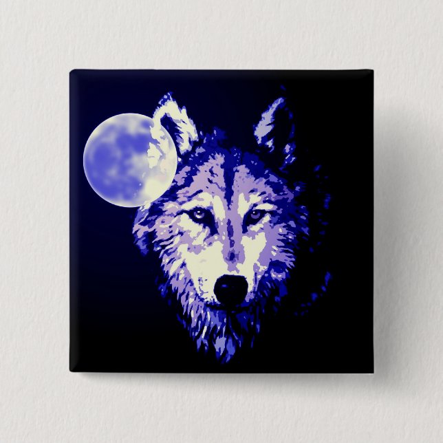 Wolf & Moon Dark Blue Night Collage 15 Cm Square Badge (Front)