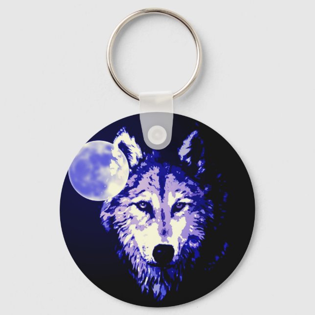 Wolf & Moon Dark Blue Night Collage Key Ring (Front)