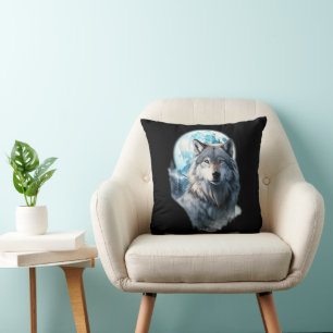 Wolf Moon Graphic Howling ,Under Full Moon Night  Cushion