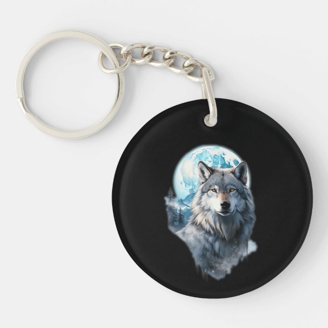 Wolf Moon Graphic Howling ,Under Full Moon Night  Key Ring (Front)