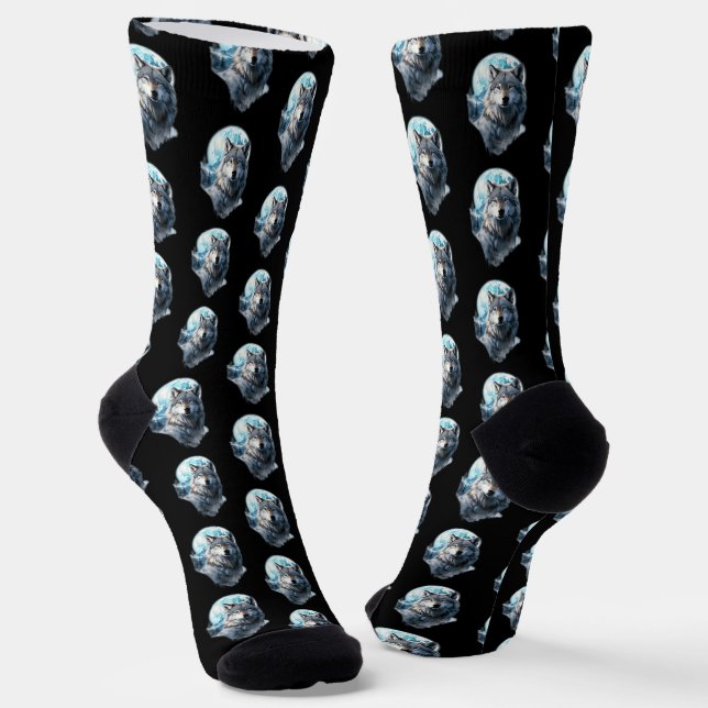Wolf Moon Graphic Howling ,Under Full Moon Night  Socks (Angled)