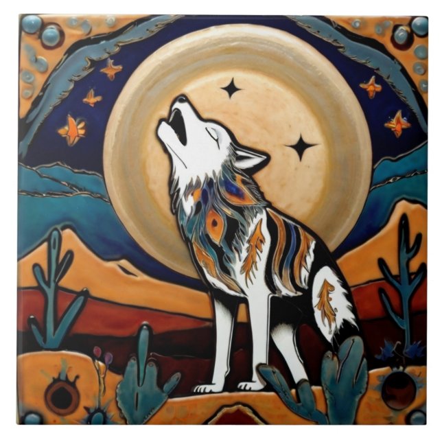 Wolf Moon Howl Southwestern Style Southwest Ceramic Tile (Front)