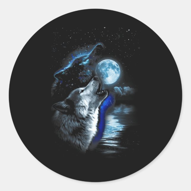 Wolf Moon Lake Wolf Howling Full Moon Wolf Graphic Classic Round Sticker (Front)