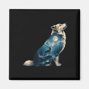 Wolf moon mountain forest silhouette wildlife art magnet