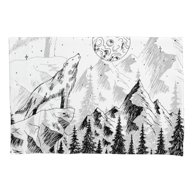 Wolf Moon: Mountains Graphic Sketch. Pillowcase (Front)