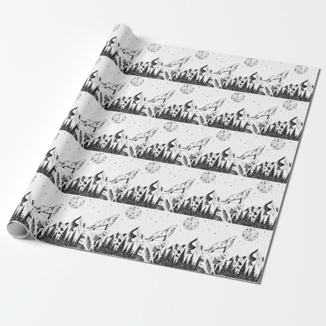 Wolf Moon: Mountains Graphic Sketch. Wrapping Paper (Unrolled)