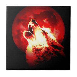 Wolf, Moon & Red Sky Ceramic Tile