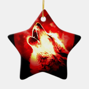 Wolf, Moon & Red Sky Ceramic Tree Decoration