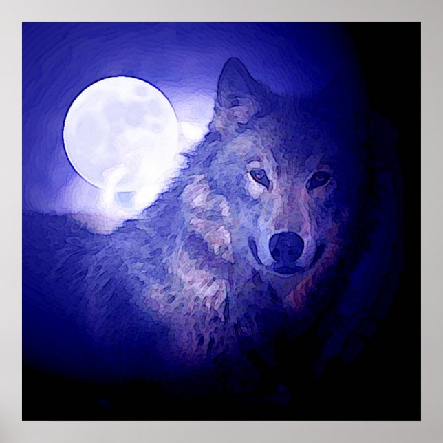 Wolf & Moon Square Poster Print Blue Night Wolves (Front)