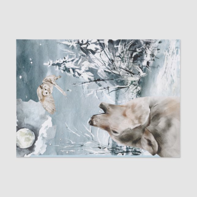 Wolf Moon Winter landscape Watercolor Owl Tissue Paper (Front)