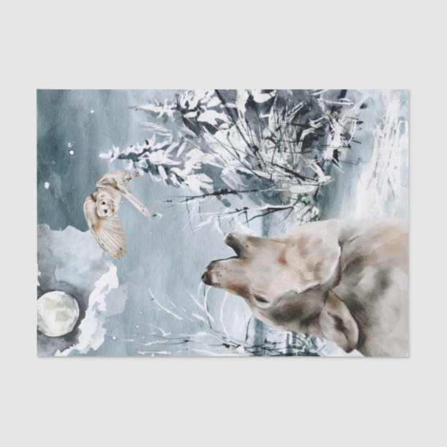 Wolf Moon Winter landscape Watercolor Owl Tissue Paper (Front)