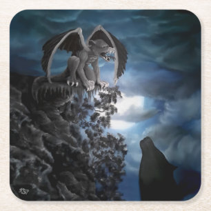 Wolf Moon - Wolf with Golem Square Paper Coaster