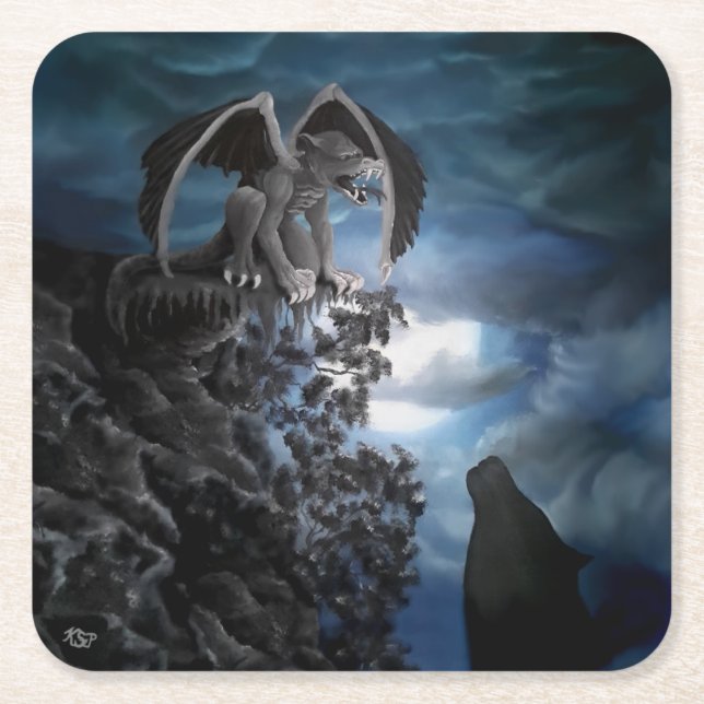 Wolf Moon - Wolf with Golem Square Paper Coaster (Front)