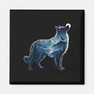 Wolf moonlit mountain forest exposure art magnet