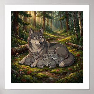Wolf Mother And Pups Poster