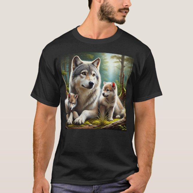 Wolf mother with two cubs realistic cute youthful T-Shirt (Front)