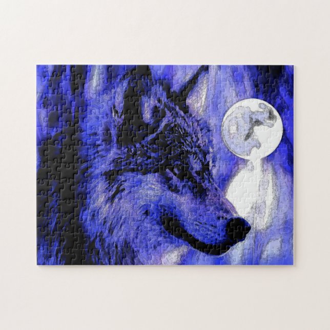 Wolf Motivational Freedom Blue Night Fullmoon Jigsaw Puzzle (Horizontal)
