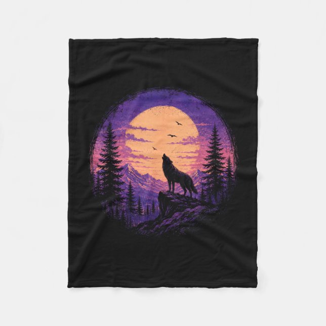 Wolf mountain forest moon wilderness nature fleece blanket (Front)