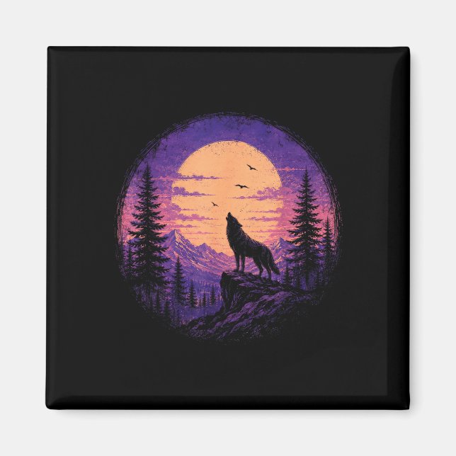 Wolf mountain forest moon wilderness nature magnet (Front)