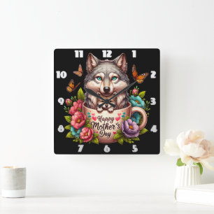 Wolf Mum: Pup, Flowers, Mother's Day Square Wall Clock