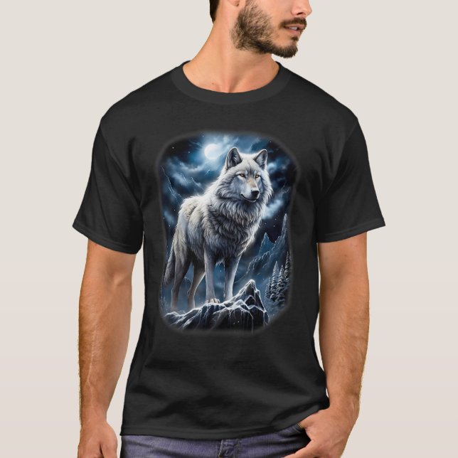 Wolf on Hill by Moon and Universe Fantasy Art Wild T-Shirt (Front)