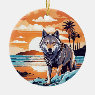 Wolf on the Beach Ceramic Ornament