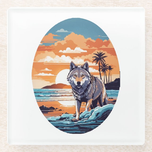 Wolf on the Beach Glass Coaster (Front)