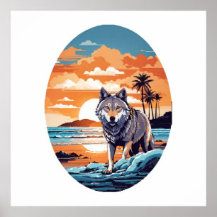 Wolf on the Beach Poster