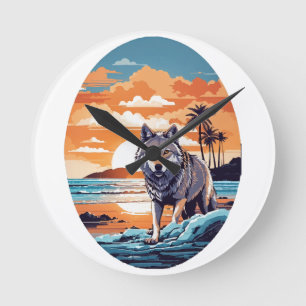 Wolf on the Beach Round Clock