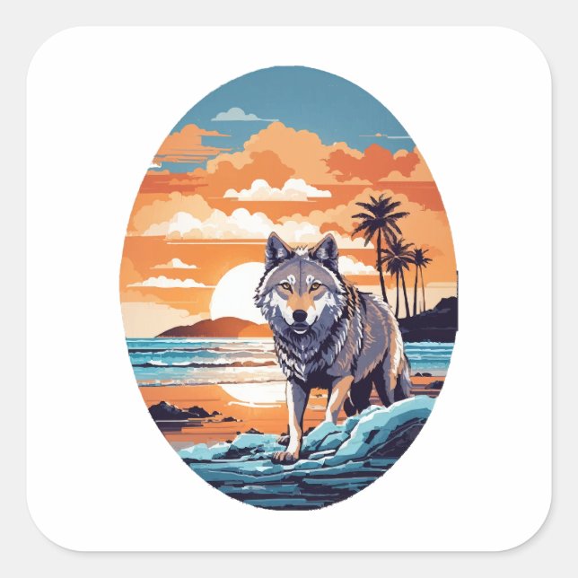 Wolf on the Beach Square Sticker (Front)