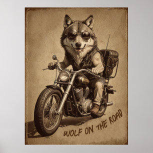 Wolf on the road biker poster