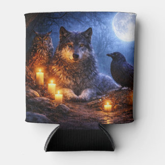 Wolf Owl and Raven Mystical  Can Cooler