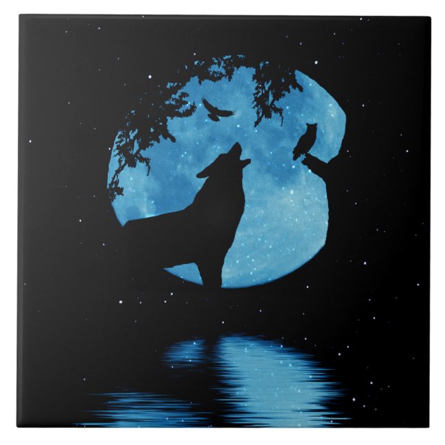 Wolf Owl Raven and Full Moon Art Ceramic Tile (Front)