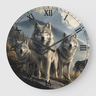 Wolf Pack in Mountain Landscape Large Clock