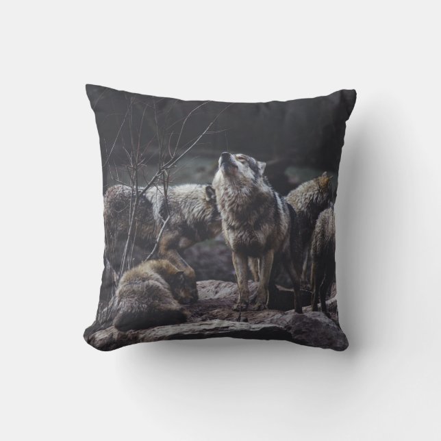 WOLF PACK ON ROCK FORMATION CUSHION (Front)