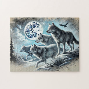 Wolf Pack Running in Moonlight Jigsaw Puzzle