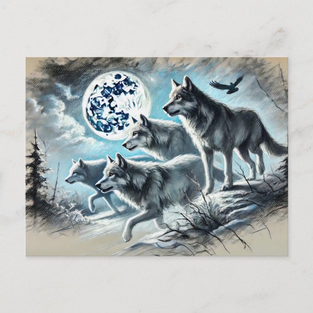 Wolf Pack Running in Moonlight Postcard (Front)