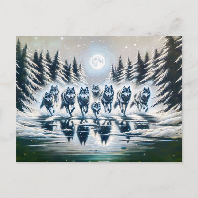 Wolf Pack Running Through a Winter Lake Postcard (Front)