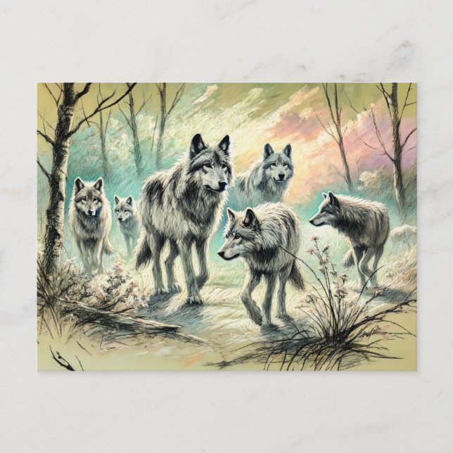 Wolf Pack Running Through Forest Postcard (Front)