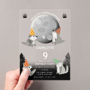 Wolf Pack Woodland Moon Howling Birthday Party Acrylic Invitations