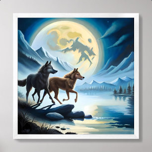wolf painting moon river dark night mountain rock poster