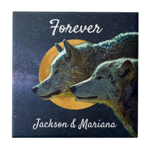 Wolf Pair and Full Moon  Ceramic Tile