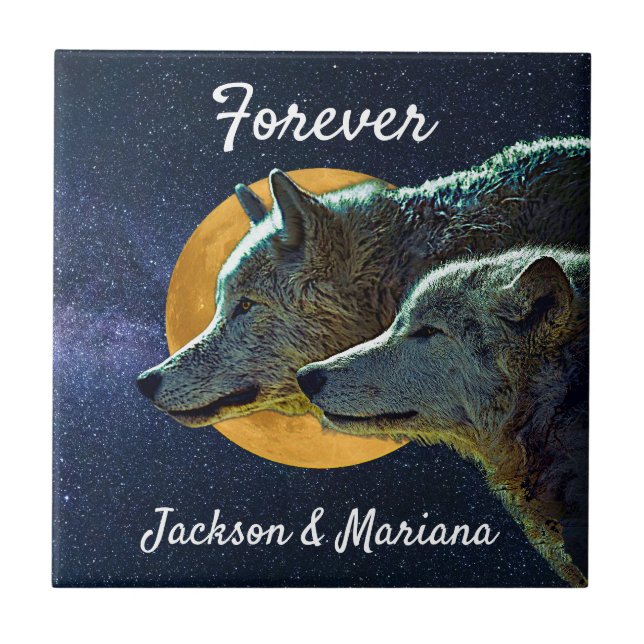 Wolf Pair and Full Moon  Ceramic Tile (Front)