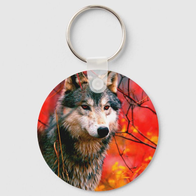 Wolf peeking through leaves in a forest key ring (Front)