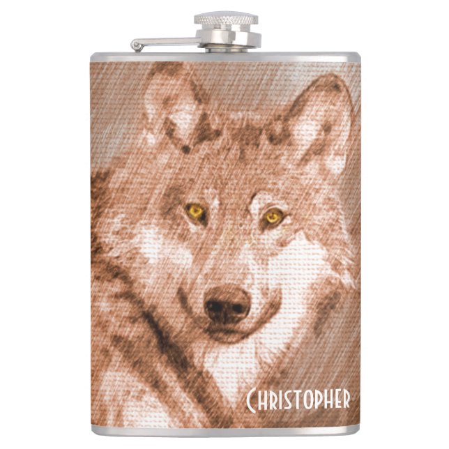 Wolf Pencil Sketch Image Personalise Hip Flask (Front)